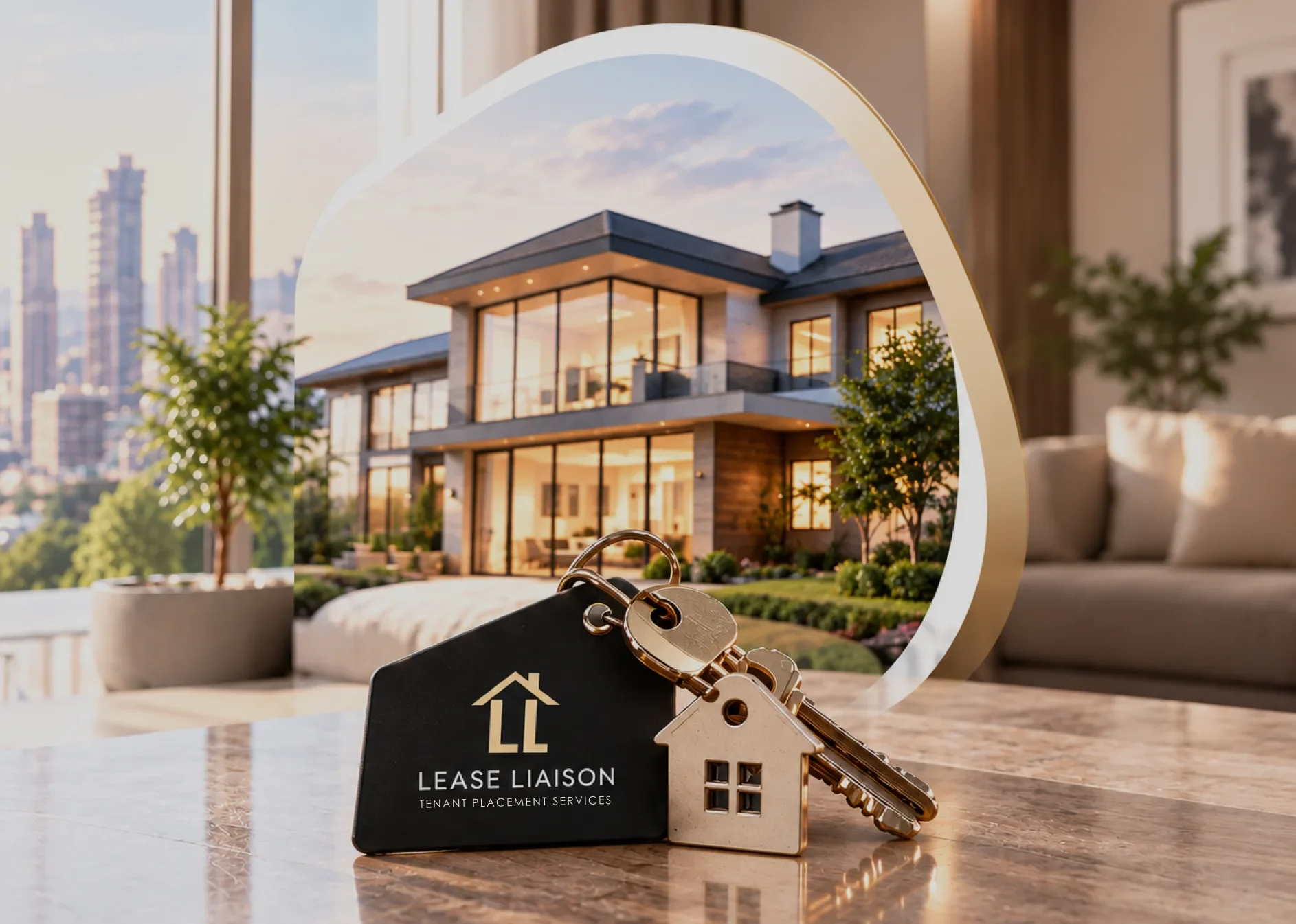 A Lease Liaison keyring in front of a lit home at dusk